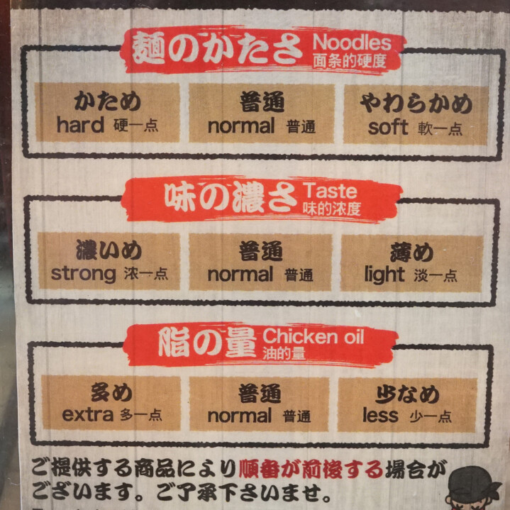 「麺の硬さ、味の濃さ、油の量」を選ぶ